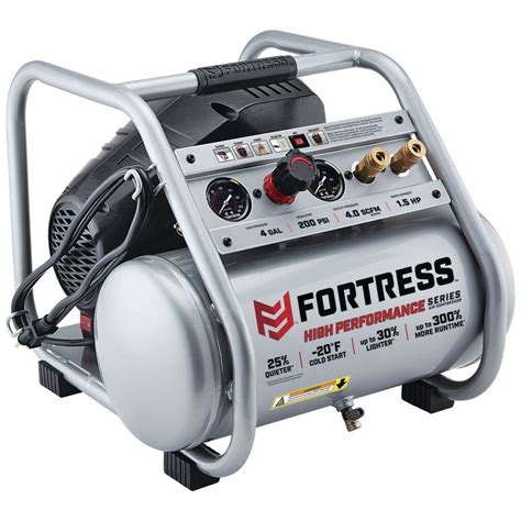 This High Performance 200 PSI Air Compressor from FORTRESS has up to 75 more runtime and features a soft start motor that powers a maintenance free pump. . Fortress air compressor